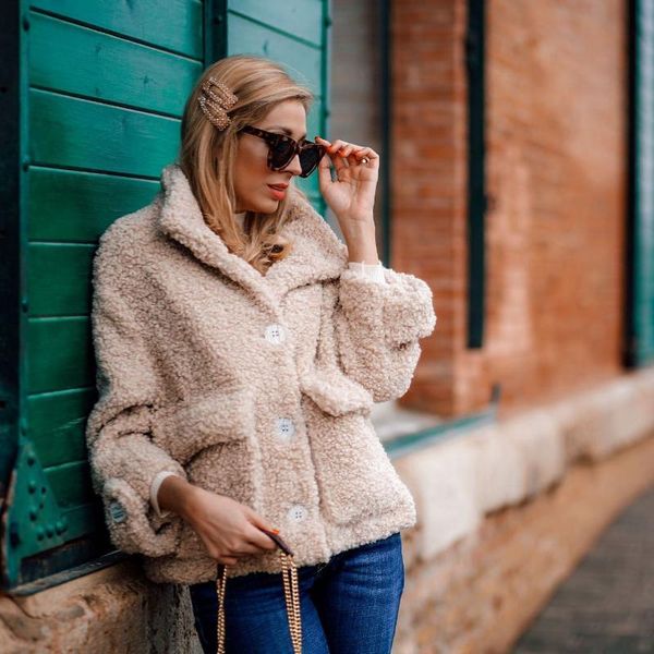 

women's fur & faux autumn winter fashion lamb wool coat women warm cropped jackets fleece overcoat female single breasted outwear, Black