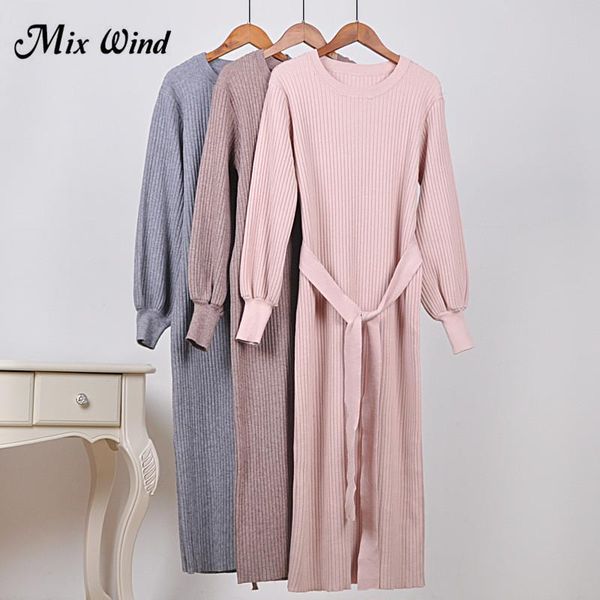 

women's sweaters mix wind 2021 fashion women autumn winter long dresses o-neck lantern sleeve elegant knitted sweater dress with belt, White;black
