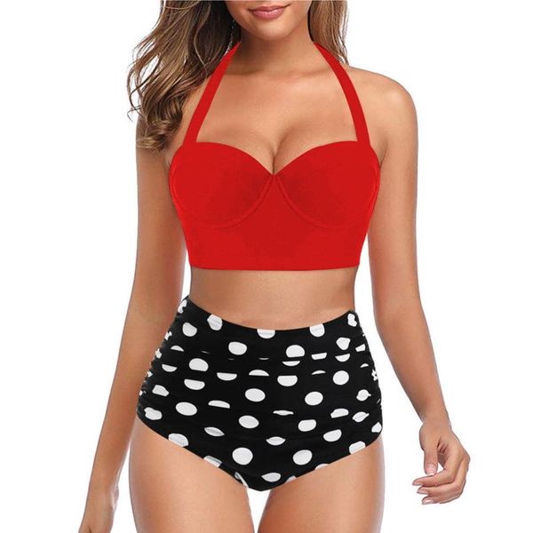 

women's swimwear high waist two piece swimsuit push up halter bikini set dot print ladies summer bathing suit beachwear, White;black