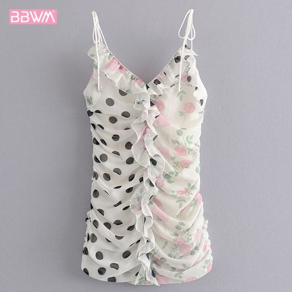 

summer women's slim ruffled decorative stitching print pleated mini female dress sleeveless waist and shoulders 210507, Black;gray