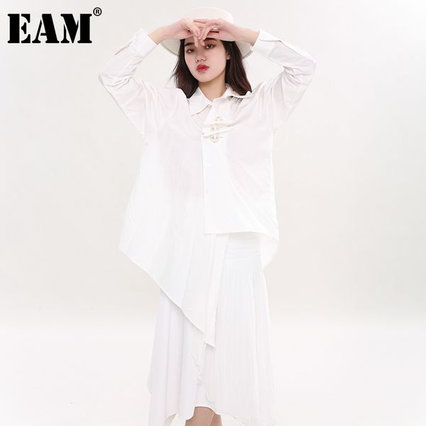 

[eam] women white pearl decoration big size blouse lapel long sleeve loose fit shirt fashion spring autumn 1dd512100 21512