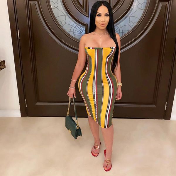 

casual dresses multicolor vertical striped pencil dress women off the shoulder backless knee length summer strapless bandage, Black;gray
