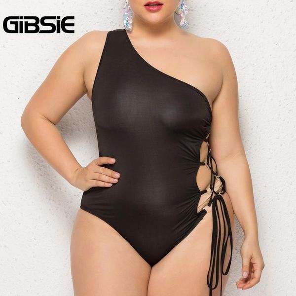 

one-piece suits gibsie 2021 one piece swimsuit women black shoulder bodysuits plus size beachwear monokini side lace up bathing suit