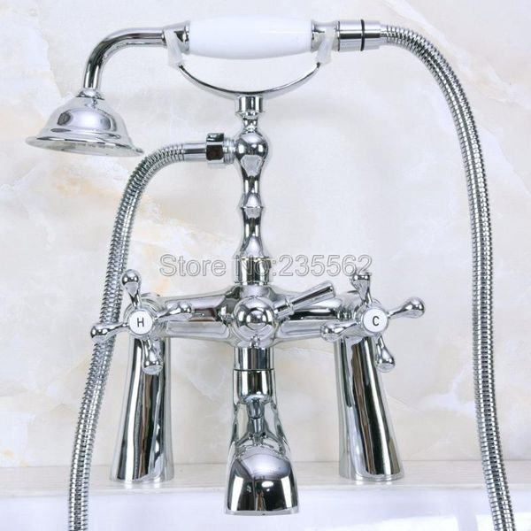 

double cross handles deck mounted bathroom clawfoot bathtub tub faucet mixer tap w/hand showe lna127 shower sets