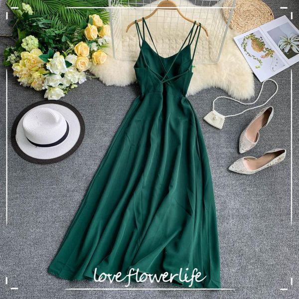 Verão elegante vestidos sem encostos espaguete cinta longa vestido mulheres vintage festa de praia maxi vestido verde branco robe vestidos 210521