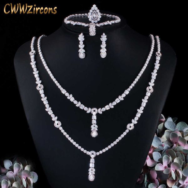 

4 pcs cubic zirconia multilayered long wedding necklace earring bracelet rings african dubai bridal jewelry set t503 210714, Silver