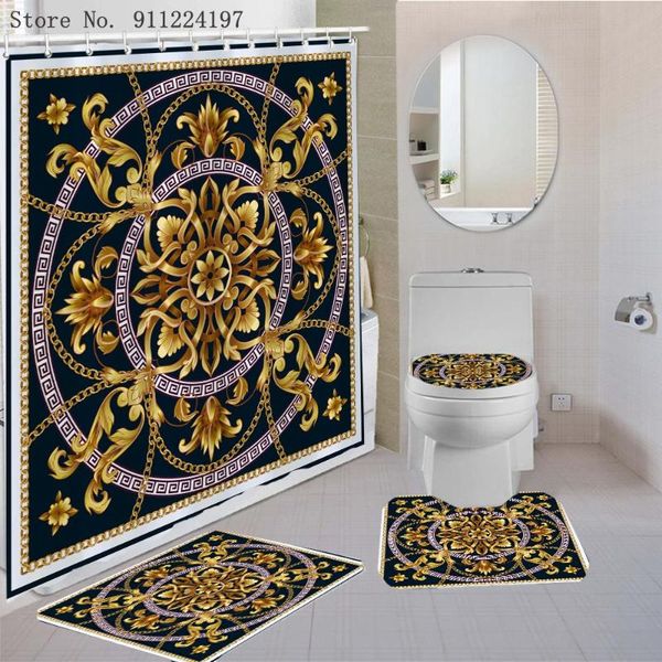 

bath accessory set pieces black gold modern shower curtains sets carpet toilet mat bathroom curtain 3d chain printing decor