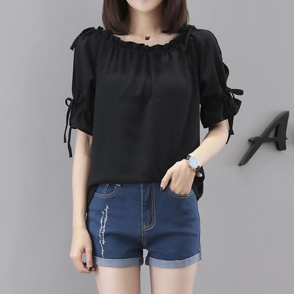 

women's t-shirt fashion women blouse half sleeve hollow out cold shoulder drawstring loose female shirt clothing, White