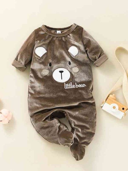 

baby letter & cartoon embroidery footed flannel sleep jumpsuit she, Blue