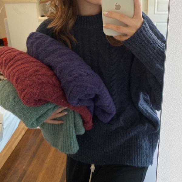 

5 colors 2021 autumn winter women loose pullovers and sweaters preppy style female twist thick knitted sweater womens (f1462), White;black