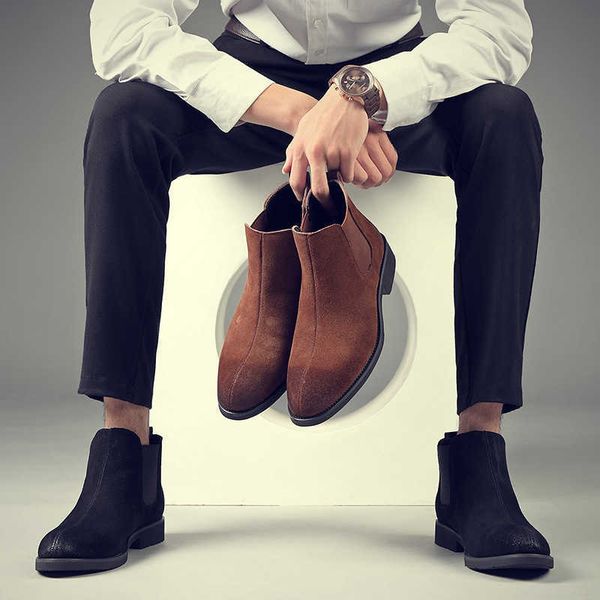 

chelsea boots men's leather shoes high british style martin boots men's korean version versatile medium short fashion, Black