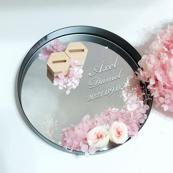 

jewelry pouches, bags custom round mirror ring tray with two holders, personalized names engagement platter ceremony wedding rings pillow, Pink;blue