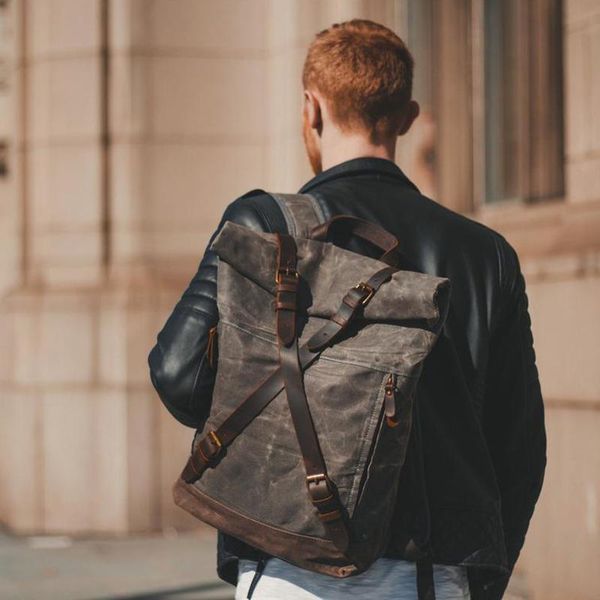 

backpack waxed canvas mochila tactics travel waterproof business lapbag men roll anti theft knapsack