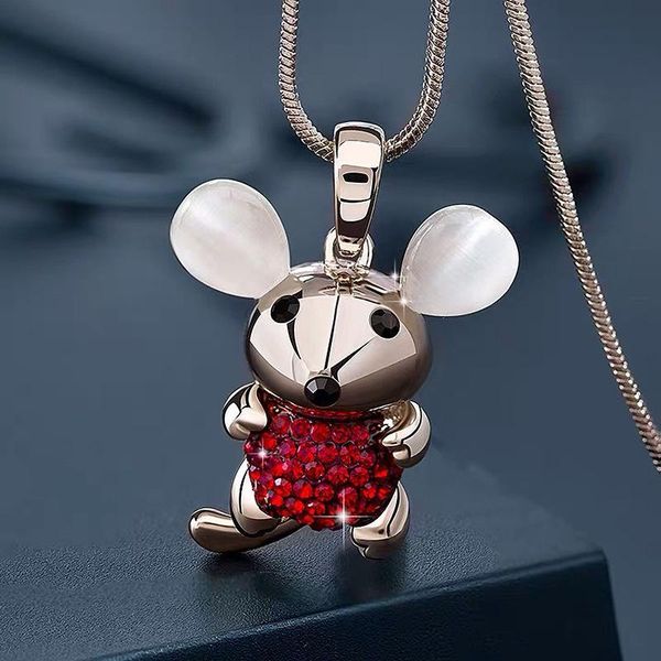 

pendant necklaces chinese style simple cute rhinestones mouse necklace fashion sweet irl women long sweater chain jewelry accessories, Silver