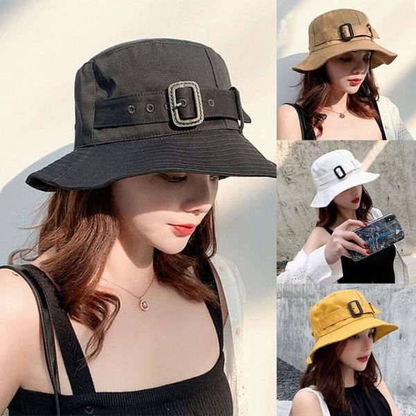 

wide brim hats korean women summer solid color bucket hat elegant buckle belt outdoor sun protection beach fisherman cap, Blue;gray
