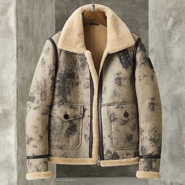 

men's leather & faux shearling jacket mens sheepskin pilots coat fur b3 bomber flying khaki gray, Black