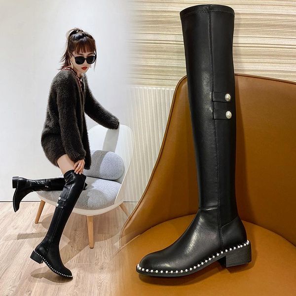 

boots genuine leather women med heels over the knee high winter ladies riding pearl party shoes woman black