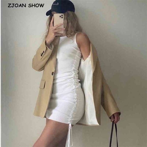 

side adjust lace up striped line rib sleeveless mini dress bodylish women retro o neck ruched dresses korea clothing 210429, Black;gray
