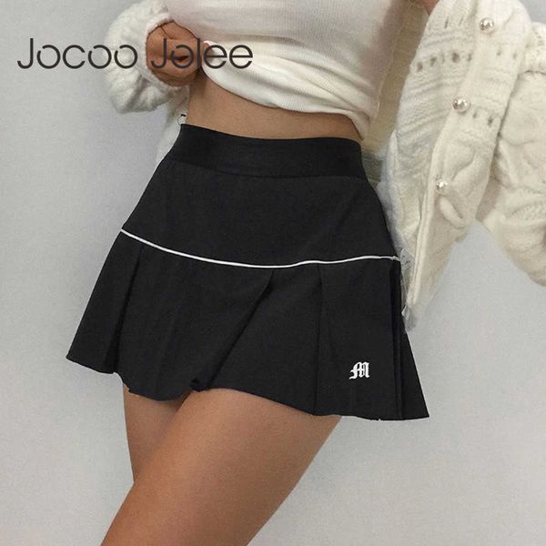 

jocoo jolee women summer y2k solid pleated elastic waist mini skirt light letter embroidery preppy street style 210619, Black