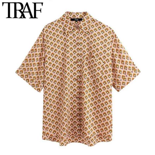 

women fashion geometric print pocket blouses vintage lapel collar short sleeve female shirts blusas chic 210507, White