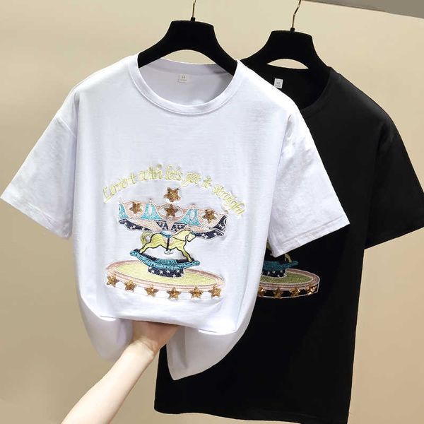 

women summer embroidery t shirts o neck t-shirt harajuku cotton tshirt white black short sleeve vetement femme 210604