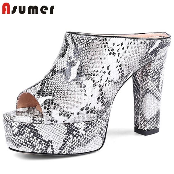 

dress shoes asumer 2021 mules women genuine leather sandals snake peep toe super high heel platform party ladies, Black