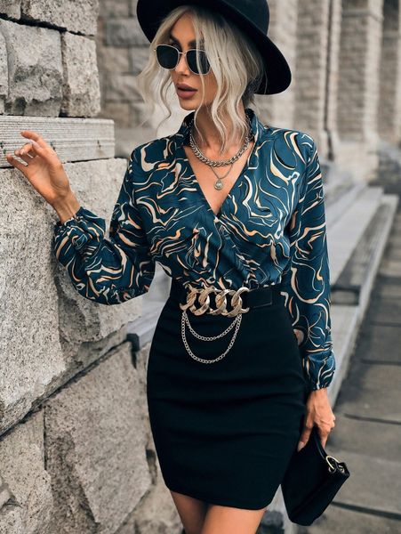 

graphic wrap bishop sleeve bodycon dress without belt e1sf#, Black;gray