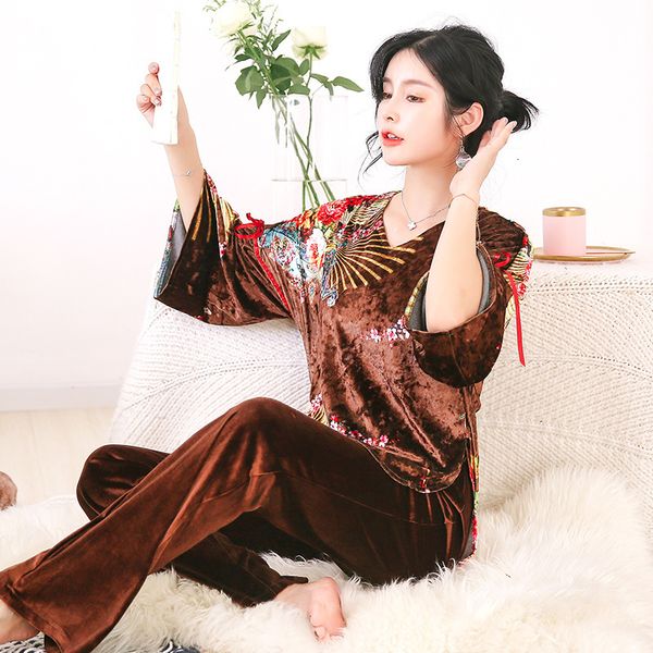 

sleepwear veet set floral print 2 pieces casual winter woman pajamas suit bowknot flared sleeve trousers sleepwear ytjp slv1, Black;red