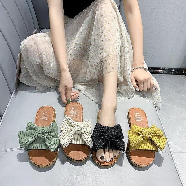 

flat shoes female woman's slippers gingham low butterfly-knot slides fashion 2021 luxury summer striped hoof heel, Black