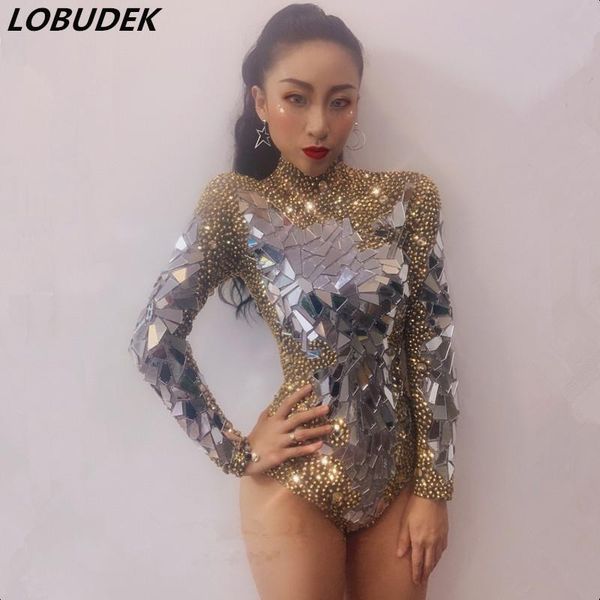 

women's jumpsuits & rompers 2021 gold silver rhinestones mirrors bodysuit nightclub dj female singer dance costume stretch crystals cat, Black;white