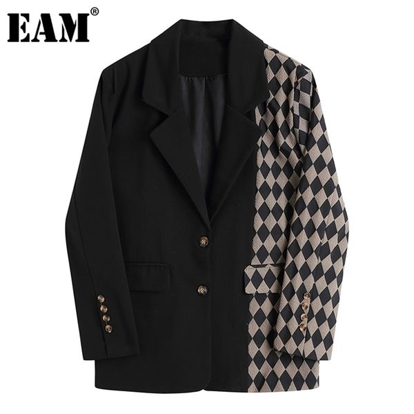 

[eam]women vintage black plaid stitching blazer lapel long sleeve loose fit jacket fashion spring autumn 1da745 211104, White;black