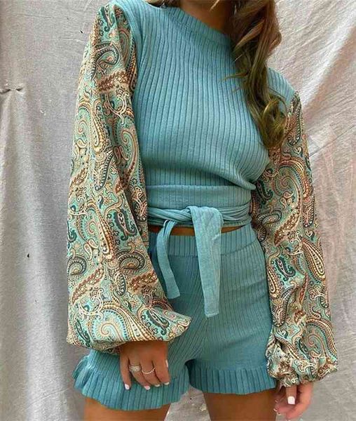 

fashion women 2 piece outfits patchwork design belt ruffles decor o-neck long lantern sleeve print elastic high waist shorts, White