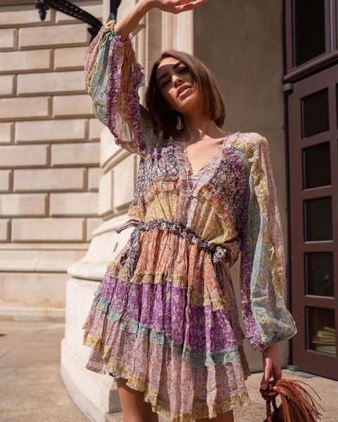 

casual dresses 100% silk women long sleeve pleated dress v neck flower printed sweet luxurious loose mini set 2021 summer autumn robe, Black;gray