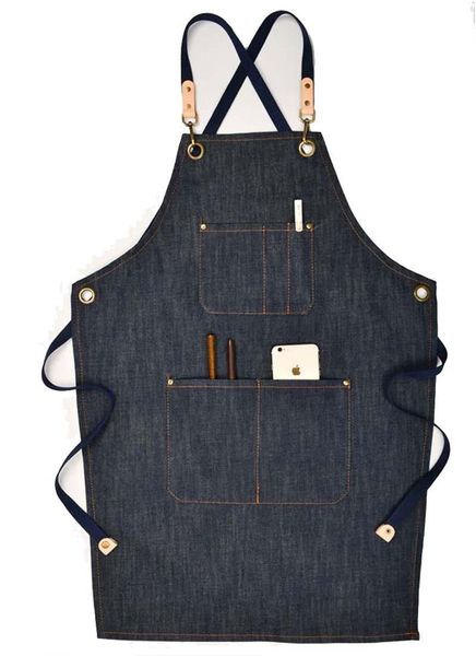 

aprons denim fabric cotton cross strap durable advertising campaign supermarket salesperson work apron