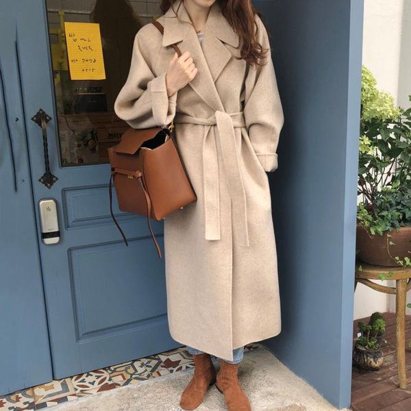 

women's wool & blends women winter elegant full sleeve fashion open stitch outwear loose long overcoat cardigans korean chic ladies cas, Black
