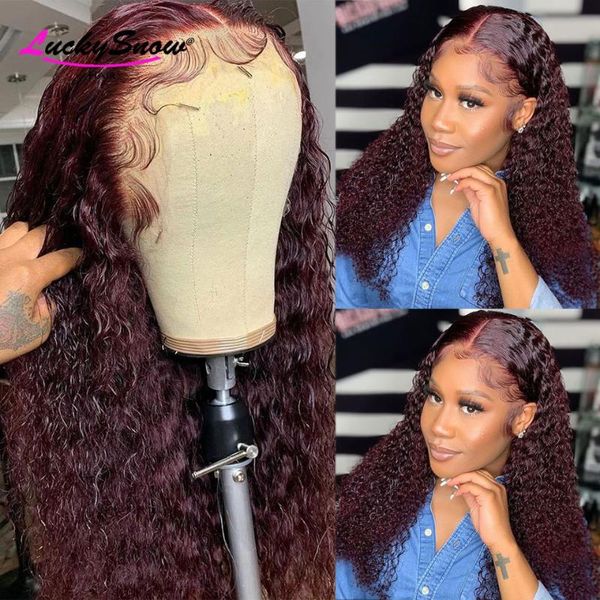 

lace wigs 250 density deep wave front human hair for women preplucked brazilian remy burgundy 99j wig 4x4 closure, Black;brown