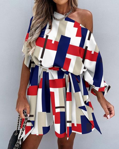 

casual dresses autumn women colorblock lace up mini dress 2021 femme skew neck pleated half sleeve robe office lady outfits vestidos, Black;gray