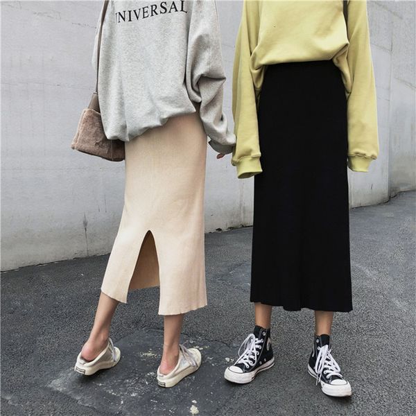 

skirts korean pack hip knitted skirt female autumn winter slim straight long women spring elegant woolen s g69r, Black