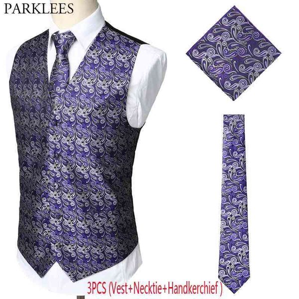 Erkek 3 adet (Yelek + Kravat + Mendil) Mor Paisley Çiçek Jakarlı Yelek Erkekler Slim Fit Parti Düğün Yelek Chaleco Hombre 210522