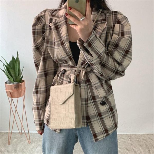 

women's jackets hzirip large size puff sleeves plaid 2021 vintage gentle loose casual feminine chic sweet office lady all-match coats, Black;brown