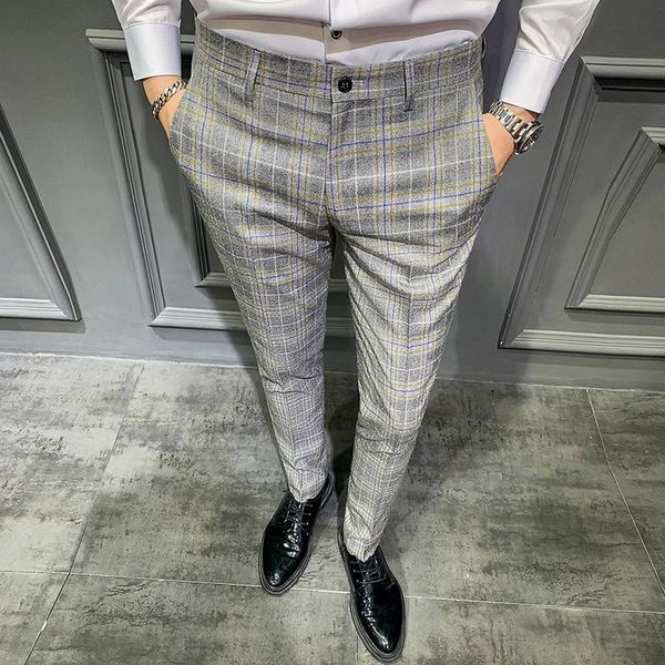 

men's pants 2021 trend korean version of the straight-leg plaid british casual youth slim feet trousers, Black