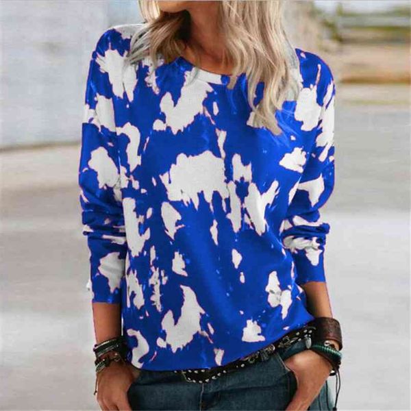 

women's long sleeve t-shirt autumn spring casual o neck gradient tie dye printed loose female pullover tees plus size s-5xl 210522, White