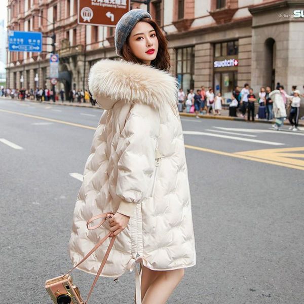 

women's winter down jacket hooded coat female korean woman parkas raccoon dog fur collar 2021 mujeres abrigos pph13191, Black