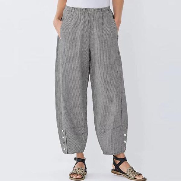 

women's pants & capris women wide leg pant stripe high waist cotton and linen long oversize casual beach trousers pantalon pour femme, Black;white