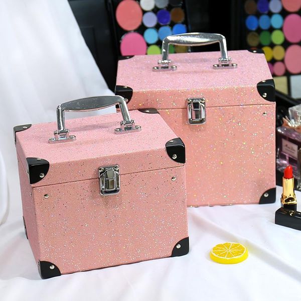 

leather fashion women makeup bag bling travel cosmetic trunk case professional portable multifunctional make up box bags & cases