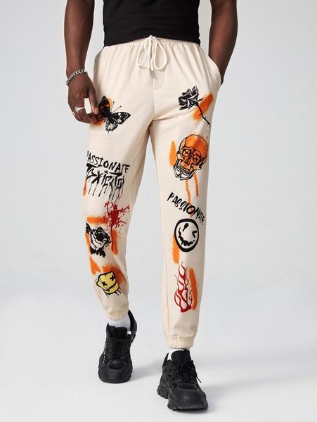 

men butterfly and skull print sweatpants p4yt#, Black