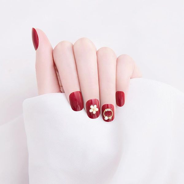 

false nails fake burgundy flower short wearing nail stickers finished 24pcs with glue all-matched fa, Red;gold