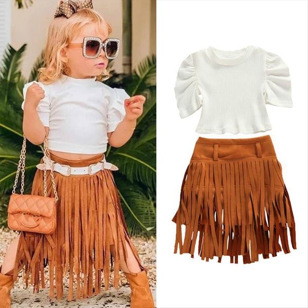

fashion toddler girls clothes sets short puff sleeve white tassel a line skirts 0 5y