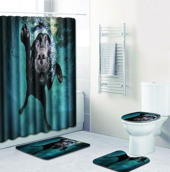 

shower curtains swim dog printed curtain set waterproof bathroom absorbent non-slip bath mat toilet cover