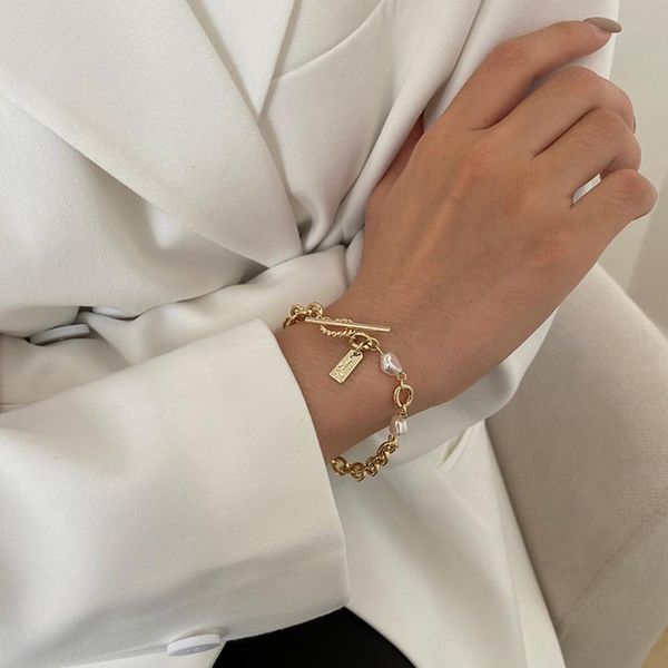 

link, chain gold color ot pearl bracelet for women girl alloy elegant geometric adjustable bangles party accessories, Black